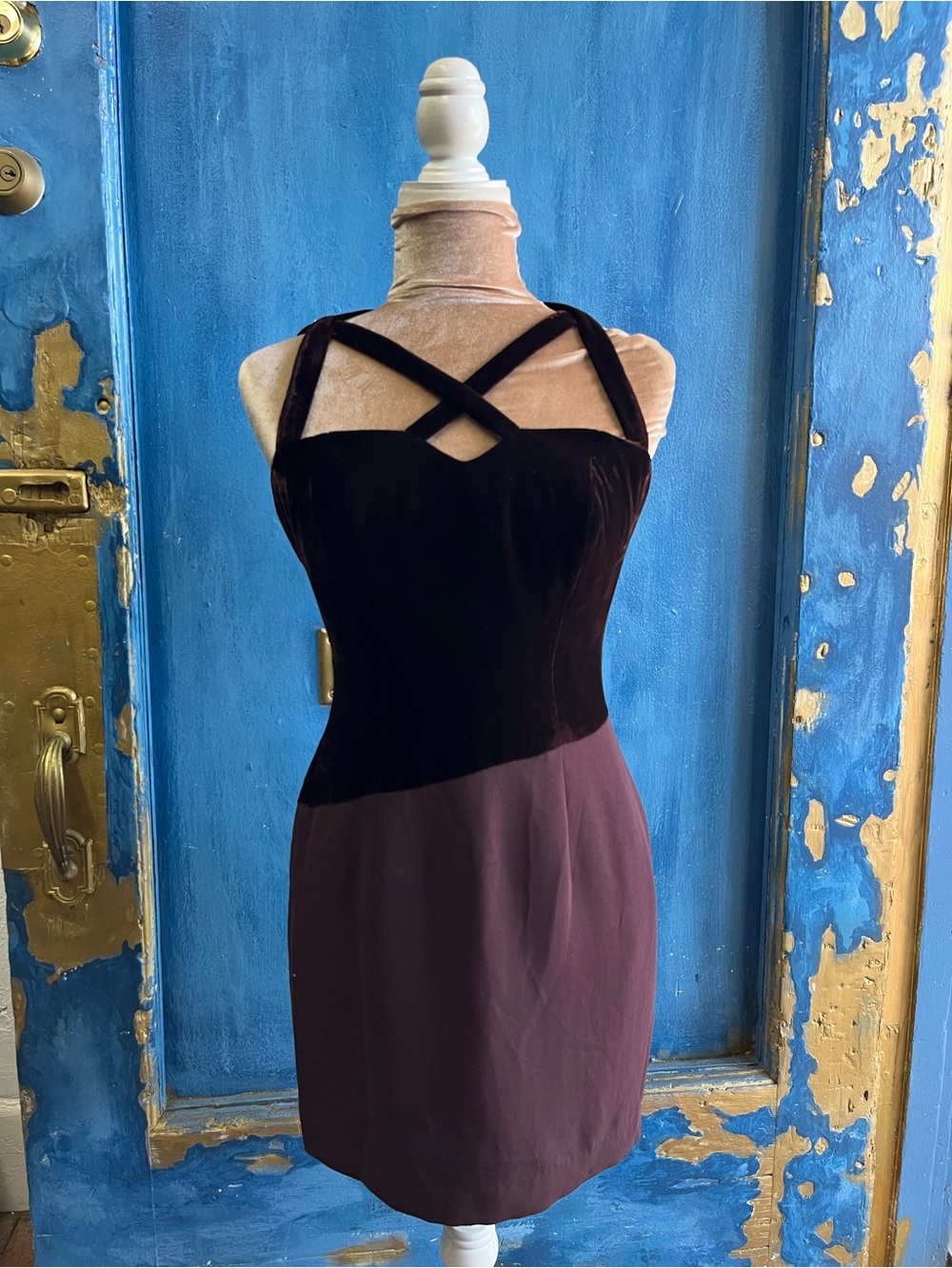 Velvet Bodice Crisscross Mini Dress in Plum and Black